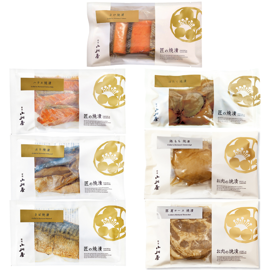 ＜新潟小川屋＞お魚とお肉の焼漬７点セットお魚の焼漬（さけ・ハラス・ぶり・さば・ほたて）、お肉の焼漬（豚肩ロース、鶏もも）各１袋