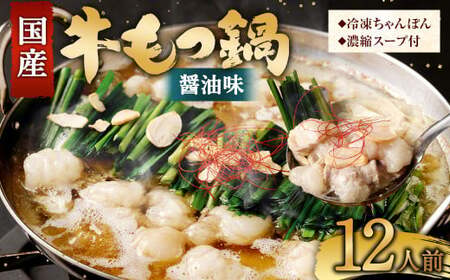 【2026年1月発送】  国産牛 もつ鍋 12人前 ちゃんぽん 濃縮スープ付 （醤油味） 冷凍 国産 もつ もつ鍋セット