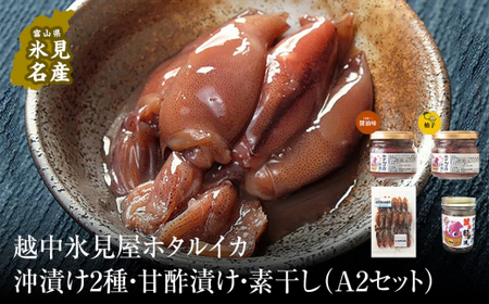 越中氷見屋　ホタルイカ沖漬け2種・甘酢漬け・素干し（A2セット）　| ホタルイカ ほたるいか いか 珍味 沖漬け 醤油 柚子 甘酢 素干し 富山 富山湾 氷見 つまみ 酒の肴 瓶 冷凍 産地直送 無添加 特製 魚介 加工 詰め合わせ セット