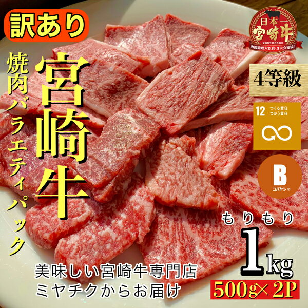 【美味しい宮崎牛専門店ミヤチクからお届け】4等級以上宮崎牛訳あり焼肉バラエティパック　もりもり1kg
