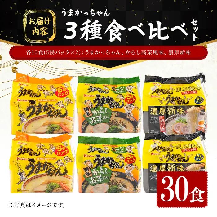 うまかっちゃん 3種食べ比べセット (30食) 麺 麺類 豚骨ラーメン 九州 豚骨 白濁スープ 即席ラーメン お手軽 インスタント 袋麺 簡単調理 福岡県 セット お楽しみ ポークオイル 【FUKUO