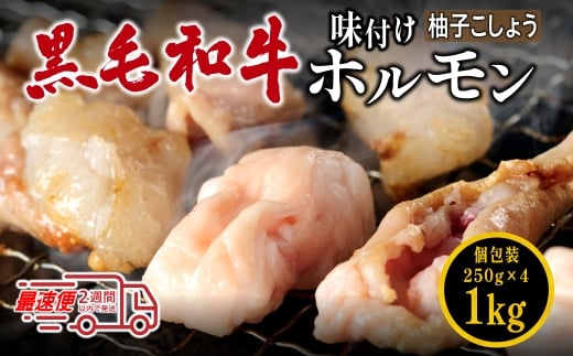 国産黒毛和牛 タレ漬けホルモンミックス柚子胡椒250g x 4袋　焼肉用 ホルモン 肉 小分け 冷凍 ギフト 大容量