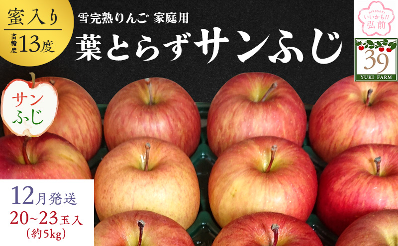 りんご 【 数量限定 】12月発送 雪完熟 自然 葉とらず 蜜入り 糖度13度以上 家庭用 サンふじ 約 5kg 20～23個【 弘前市産 青森りんご 】