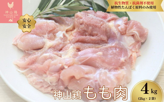 
            032-001　特別飼育鶏「神山鶏」もも肉4kg (2kg×2袋）｜抗生物質・抗菌剤不使用、植物性たんぱく原料のみ使用 ※離島への配送不可
          
