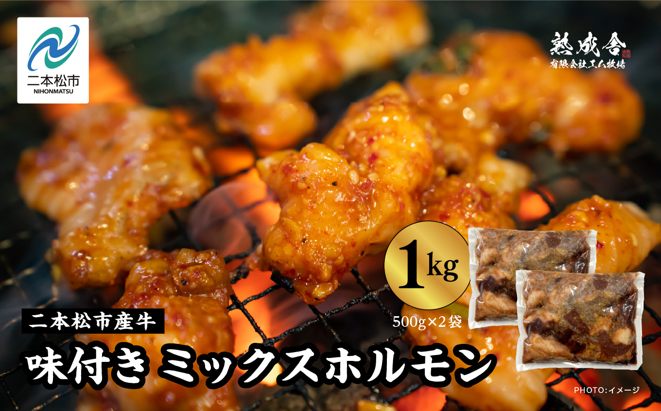 二本松熟成牛 味付きミックスホルモン 1kg（500g×2袋） 福島県二本松市産 和牛 肉 牛肉 牛 国産 脂身 牛ホルモン ビーフ エム牧場 セット 詰め合わせ おすすめ お中元 お歳暮 ギフト 二本松市 ふくしま 福島県 送料無料【有限会社エム牧場】
