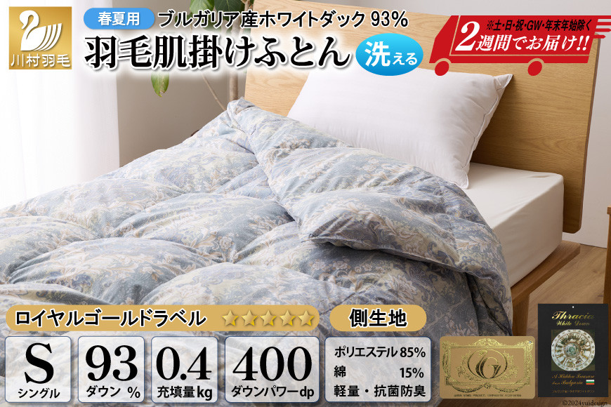 
            【春夏用】洗える！ 羽毛布団 ダウンケット シングル ホワイトダック93% 0.4kg 青系(柄あり) [川村羽毛 山梨県 韮崎市 20742871] 羽毛 布団 ふとん 羽毛ふとん 掛け布団 肌掛け布団 寝具 夏用 洗える 日本製 国産 抗菌防臭
          