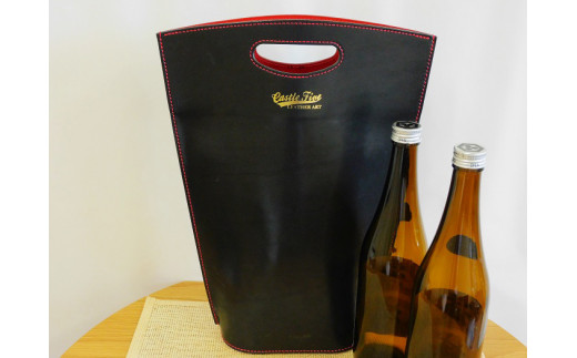 牛革使用 ワインキャリーバック720ml 2本用（黒×赤）＋日本酒2本