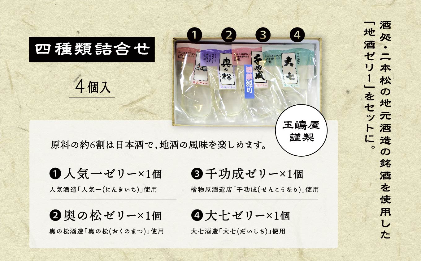 二本松4蔵の味　地酒ゼリー 日本酒 ゼリー 菓子 銘菓 玉嶋屋 和菓子 日本酒ゼリー おすすめ お中元 お歳暮 ギフト 二本松市 ふくしま 福島県 送料無料【株式会社玉嶋屋】