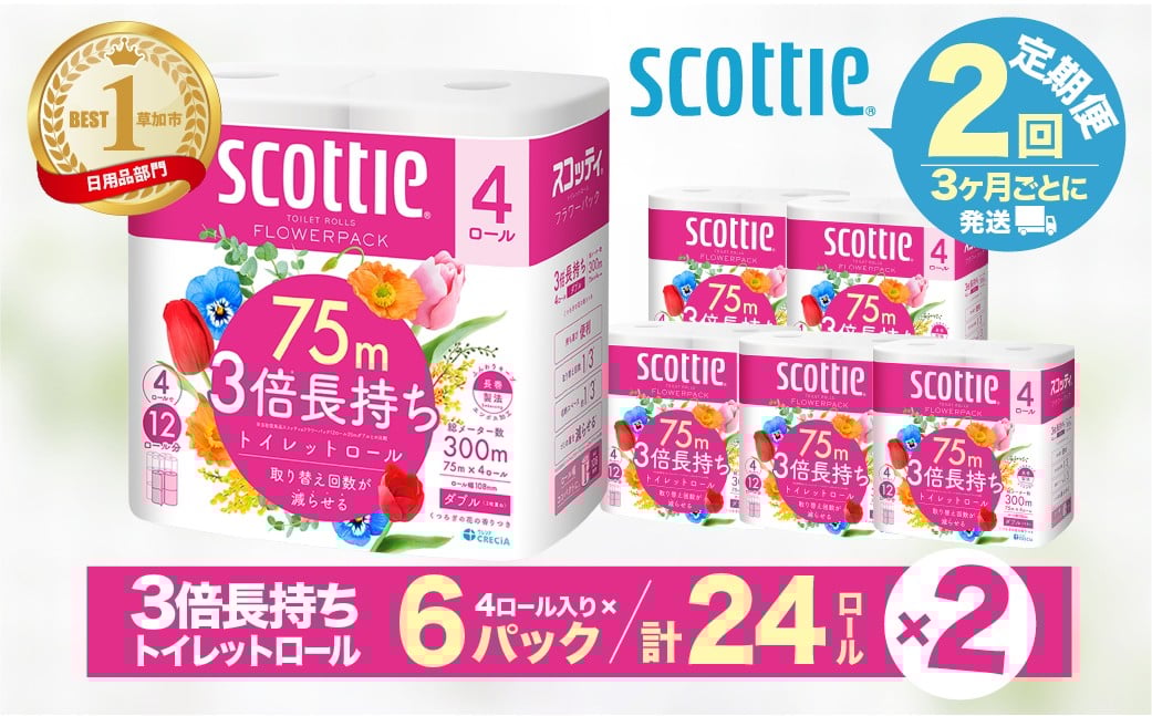 
                  トイレットペーパー 【定期便 3ヶ月×2回】 ダブル スコッティ フラワーパック 3倍長持ちトイレットロール ダブル 香りつき 75m×4ロール×6P | ふるさと納税 トイレットペーパー 定期便 3倍 長持ち スコッティ 箱 日用品 必需品 高品質 クオリティ 保管 デザイン 手間 消耗品 ストック 長持ち 替え 紙 質 収納 家族 組数 まとめ買い 備蓄 満足 便利 車 車内 埼玉県 草加市
                