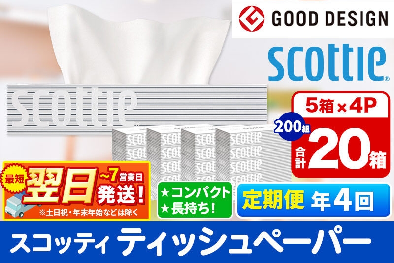 
                  《3ヶ月ごとに4回お届け》定期便 ティッシュペーパー スコッティ 200組 20箱(5箱×4パック) ティッシュ 秋田市オリジナル 最短翌日発送 [ティッシュ ボックスティッシュ スコッティ(SCOTTIE) スコッティティシュー 定期便 新生活]
                