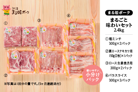 【 5ヶ月定期便 】 まる姫ポーク 豚肉 まるごと味わいセット 2.4kg （ロース生姜焼き用 肩ローステキカツ用 バラスライス 粗ミンチ）  5回配送 【計12kg】 AK-32