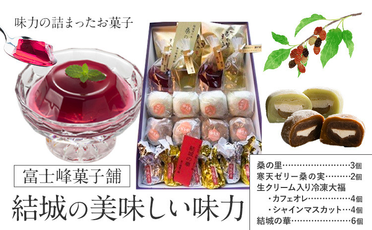 
            和菓子 結城の美味しい味力（みりょく）満載 富士峰菓子舗《90日以内に出荷予定(土日祝除く)》茨城県 結城市 和菓子 スイーツ 詰め合わせ 桑の里 寒天ゼリー 白餡 すりごま入り餡 ホワイトチョコレート 大福 コーヒー 抹茶 シャインマスカット
          