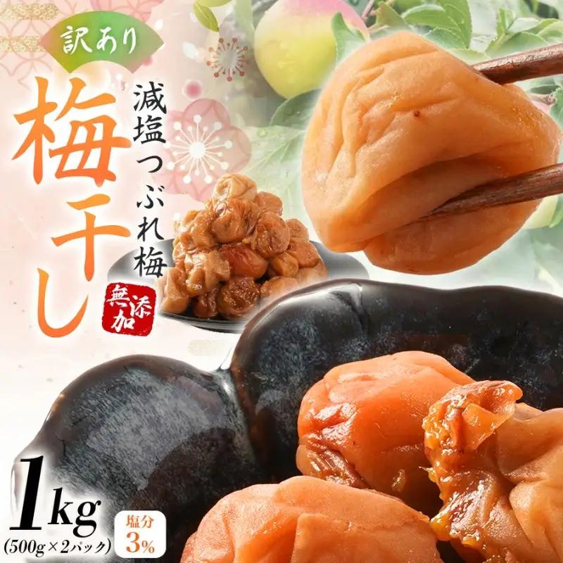 【訳あり】和歌山県産 紀州南高梅 梅干し 1kg (500g×2パック) 無添加 減塩 塩分3％ 大粒 肉厚 ご家庭用 おにぎり お弁当用【baiko005】