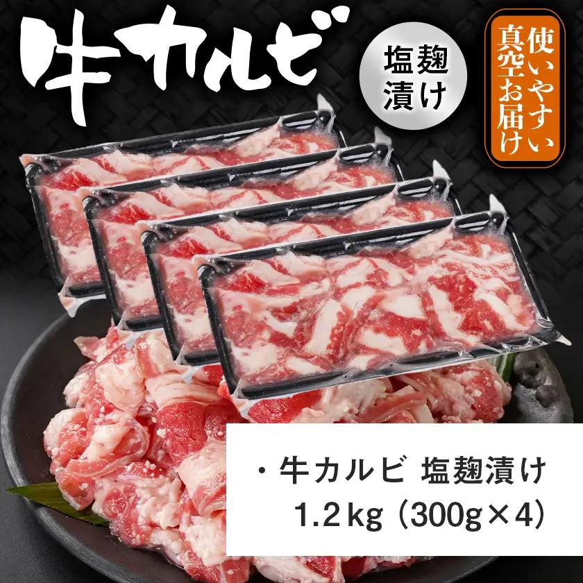 牛カルビ 塩麹タレ漬け1.2kg_LG-3326_(都城市)  味付き牛カルビ 300g×4パック 真空 小分け 1200g
