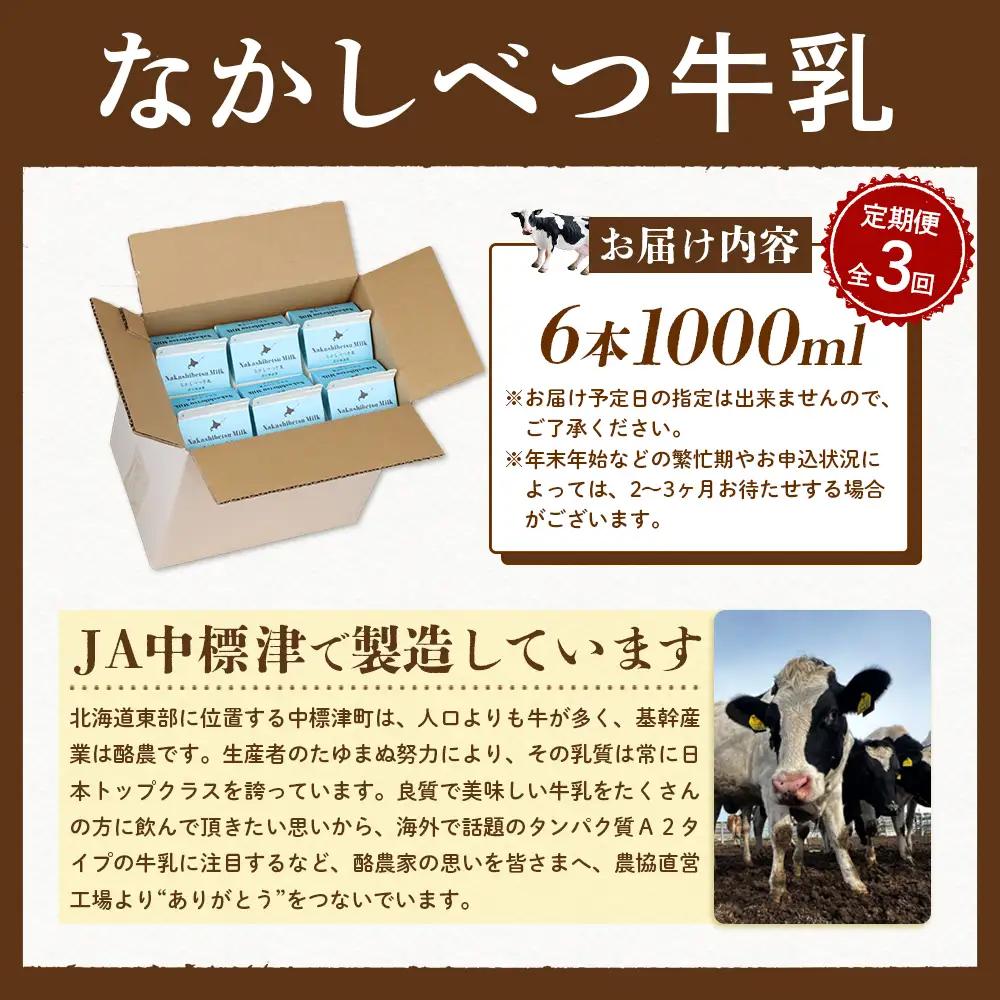 【定期便：全3回】北海道なかしべつ牛乳 1L×6本【1405201】