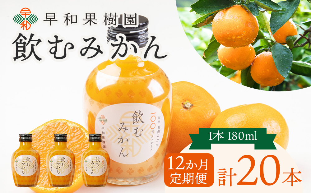 【数量限定 TVで何度も放映！】【定期便12か月】 飲むみかん 180ml×20本 早和果樹園 ｜ 果汁100％ストレートみかんジュース 和歌山県 有田市 （A475-3） 