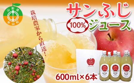 山形県中山町産 サンふじりんご100%ジュース 600ml×6本 令和5年産のりんご使用 12月上旬より発送開始 渡辺ファーム F4A-0120