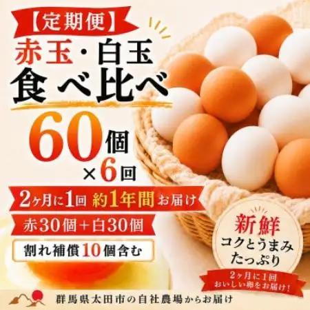 【2ヵ月毎定期便】むかしの美味しい卵・心美卵 紅白食べ比べセット 60個(各30個)全6回【配送不可地域：離島】【4091613】