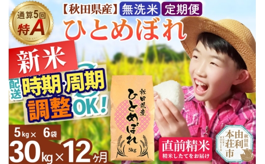 《定期便12ヶ月》令和7年産 【無洗米】通算5回特A 秋田県産ひとめぼれ 計30kg (5kg×6袋) お届け周期調整 隔月もOK