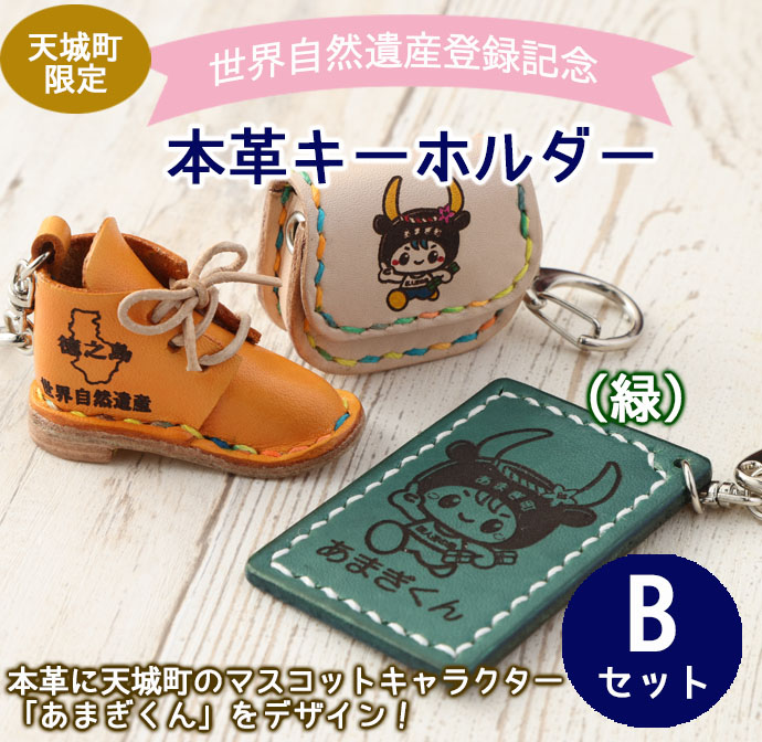 世界自然遺産登録記念 天城町 限定 本革 キーホルダー  Bセット（緑） マスコットキャラクター あまぎくん BG-2-1