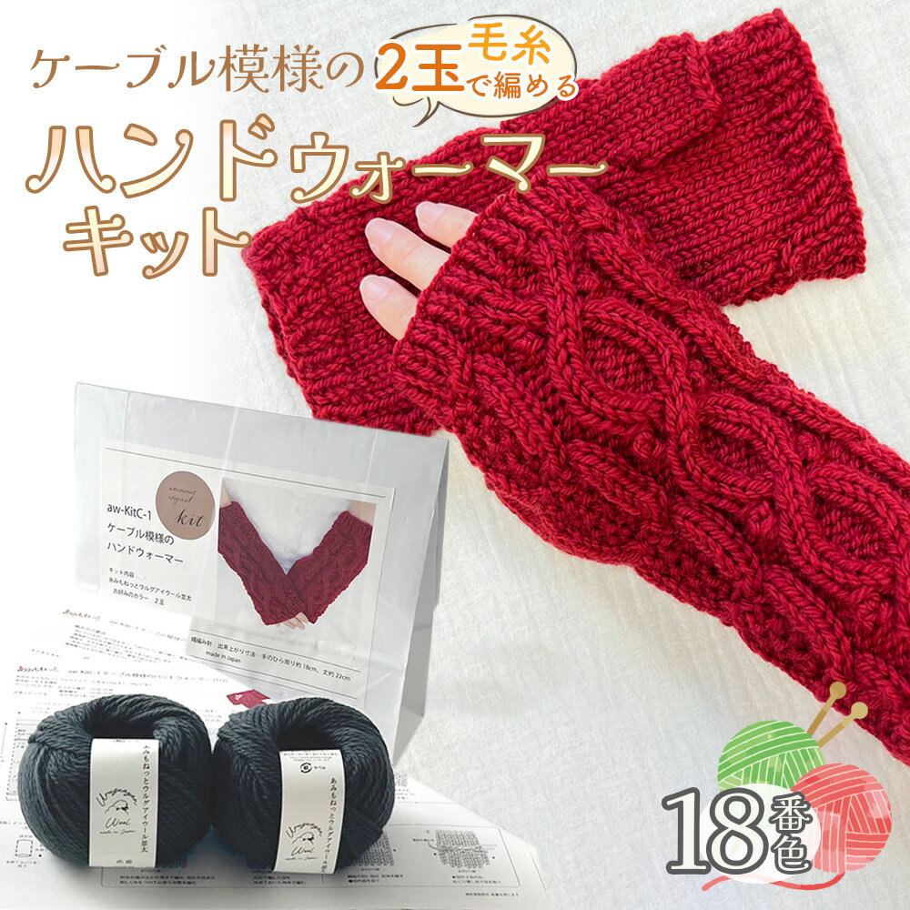 【ふるさと納税】毛糸 2玉で編めるケーブル模様のハンドウォーマーキット 18番色 ／ 編み物キット 指なし手袋 手編み 毛糸 ウール100％ 並太毛糸 模様編み 冬小物 手元アイテム ハンドメイド 趣味 手作り 編み図付き 愛知県 No.349