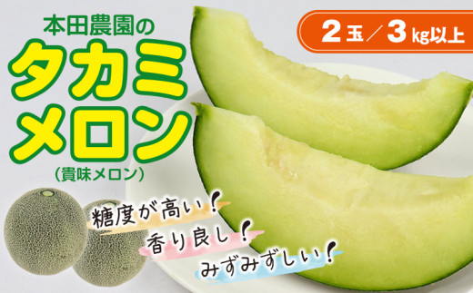 本田農園のタカミメロン2玉（3kg以上）【6月下旬～7月末頃発送】