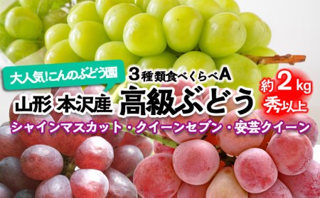 大人気！【こんのぶどう園】山形本沢産 高級ぶどう 3種食べくらべA 秀以上 約2kg 【令和8年産先行予約】FU22-339 くだもの 果物 フルーツ 山形 山形県 山形市 2026年産