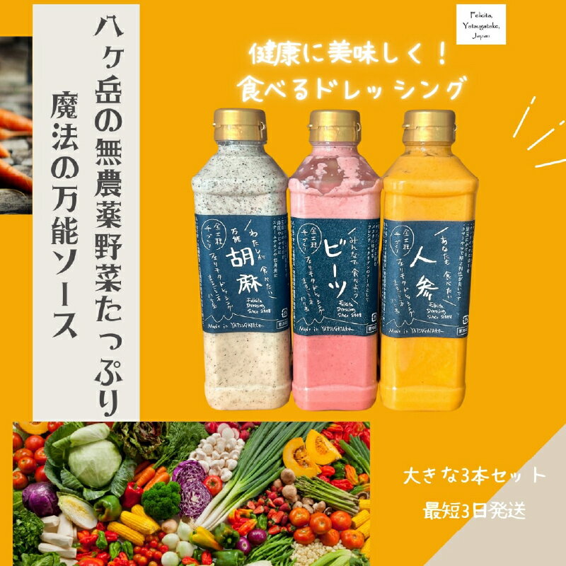 【ふるさと納税】 ドレッシング 540ml 3本 セット 手づくり 有機野菜 調味料 人参 ビーツ 胡麻 万能 フェリチタ サラダ 万能調味料 化学調味料不使用 保存料不使用 無着色 無添加 北杜市 送料無料