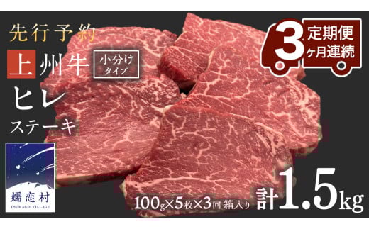 《 定期便 》 上州牛 ヒレステーキ 100g × 5枚 3ヶ月 連続お届け 牛肉 ヒレ ヒレ肉 小分け 日本 国産 国産牛 群馬 500g 冷凍 真空パック ステーキ用 お肉 肉 焼肉 焼き肉 バーベキュー BBQ ブランド牛 先行予約 [AH020tu]