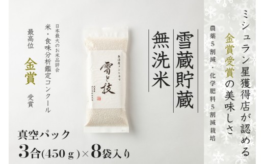 魚沼産コシヒカリ 雪と技 無洗米 3合 × 8袋 令和7年産 特別栽培米 金賞受賞 雪蔵貯蔵 真空パック | 小分け 米 お米 新潟 魚沼 魚沼産こしひかり コメ おこめ 白米 精米 新潟県 津南町 藤ノ木株式会社