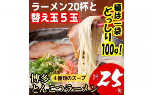 
            博多とんこつラーメン20杯分と替え玉5玉の計25食分！4種類本場博多スープ付き
          