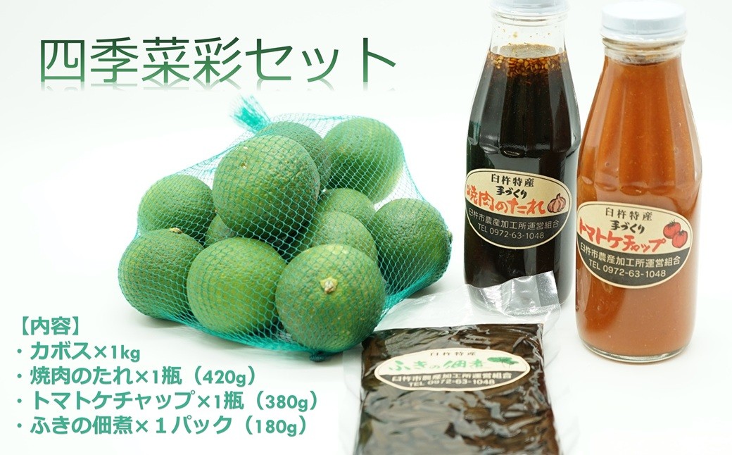 
            【四季菜彩】臼杵産かぼすと手作りケチャップ・焼肉のたれ・ふき佃煮のセット　
          