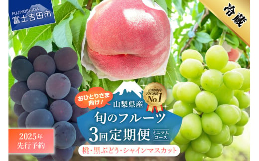 【2025年先行予約】【3回定期便】厳選 旬のフルーツ定期便（桃3玉・黒ぶどう1房・シャインマスカット1房）　もも 黑ブドウ シャイン マスカット ぶどう 果物 おひとりさま 贅沢 ミニマム 定期便3回 山梨 富士吉田