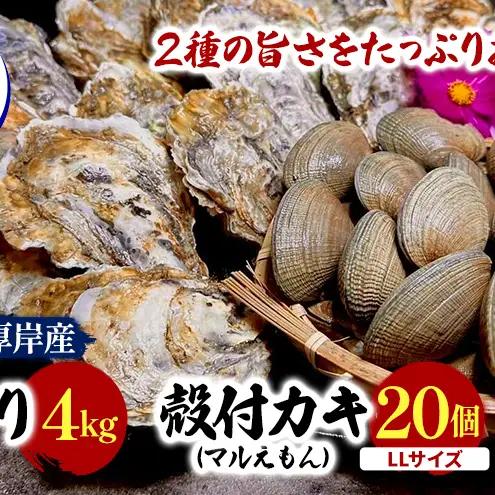 厚岸産あさり 4kg 殻牡蠣 LLサイズ 20個 マルえもん