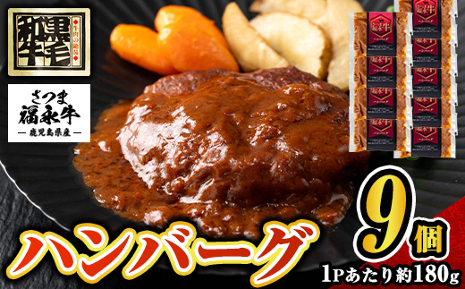 s689 さつま福永牛 鹿児島黒毛和牛 ハンバーグ(計約1.62kg・約180g×9P) 鹿児島 国産 九州産 黒毛和牛 牛肉 ひき肉 ハンバーグ 惣菜 おかず 冷凍ハンバーグ 冷凍 電子レンジ 簡単調理 【福永畜産】