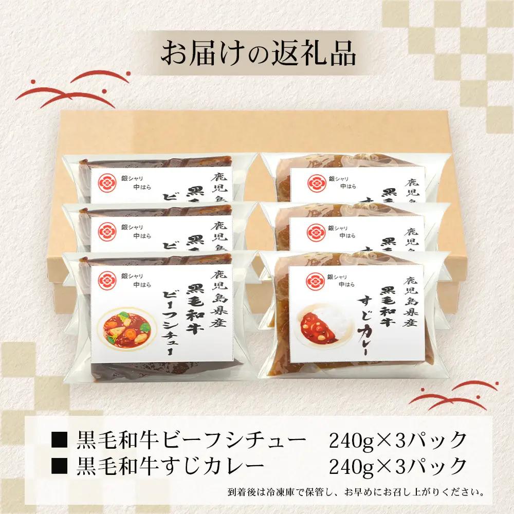 ［2種類］＼日本料理人の手作り／ 鹿児島県産 黒毛和牛レトルトパック 2種セット ≪合計6パック≫ビーフシチュー（240g×3パック）/すじカレー（240g×3パック）GN-11｜鹿児島県 南大隅町 