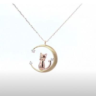 ふるさと納税 松山市 K18イエローゴールド 0.07ct ダイヤモンド ペンダントネックレス　猫　月