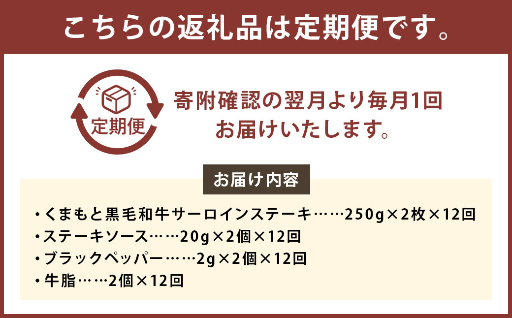 【12ヶ月定期便】くまもと黒毛和牛サーロインステーキ 500g（250g×2枚）