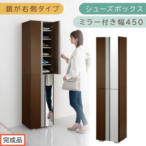 【完成品でお届け】シューズボックス ミラー付き幅45cm〔鏡が右側タイプ〕（ダークブラウン）シューズラック 扉付き スリム 12段 靴箱 大容量 木製 シューズボックス 縦長 靴収納棚 下駄箱 ブーツ