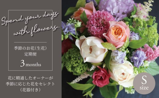 【毎月お届け】季節のお花（生花・花器付き）の定期便・Sサイズ　3か月 〈 フラワーアレンジメント 花 定期便  記念日 誕生日 お祝い ギフト プレゼント インテリア 自宅用 全国発送 送料無料 冷蔵 そのまま飾れる かわいい ※お届け日指定不可  〉
