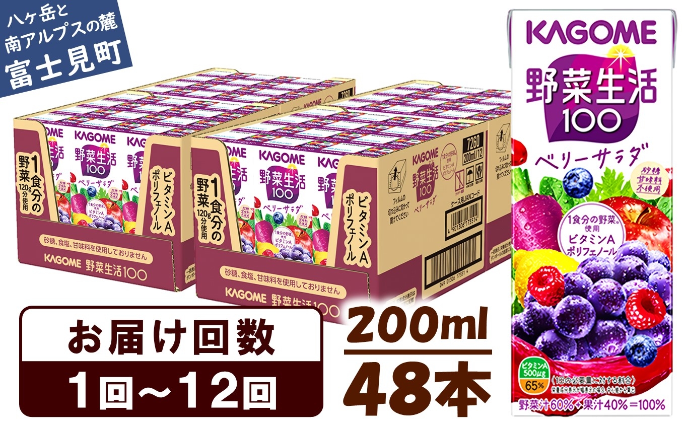 
            カゴメ 野菜生活100 ベリーサラダ 200ml 48本 ジュース 野菜 果実ミックスジュース 果汁飲料 紙パック 砂糖不使用 1食分の野菜 鉄分 ポリフェノール ビタミンA 飲料類 ドリンク 野菜ドリンク 備蓄 長期保存 防災 飲みもの 長野県 富士見町 【選べるお届け回数：1回～12回】
          