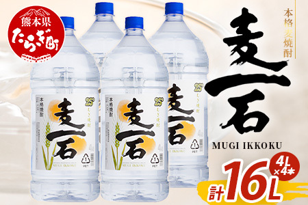 メガボトル4L×4本！ 純 麦焼酎【麦一石】4L エコペット 25度 計16L 焼酎 蔵元直送 16リットル パーティサイズ 麦 酒 麦麹 焼酎 大容量 熊本 球磨 焼酎 多良木町 040-0588