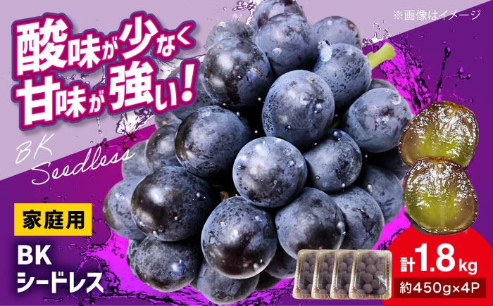 
            【先行予約】【9月下旬から順次発送】家庭用 BKシードレス 計1.8kg（約450g×4パック） 粒入り ブドウ 種なし ぶどう 葡萄 三次市 / 辰巳農園 [APCR002]
          