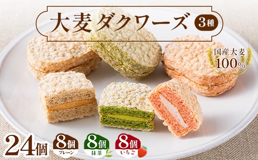 大麦ダクワーズ 3種セット 計24個（プレーン、抹茶、国産いちご 各8個） 栃木県 足利市 F7Z-1985