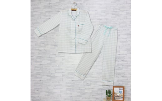 22-35 オーガニックコットンＷガーゼチェックレディスパジャマ【播州織使用】　サックス・Mサイズ
