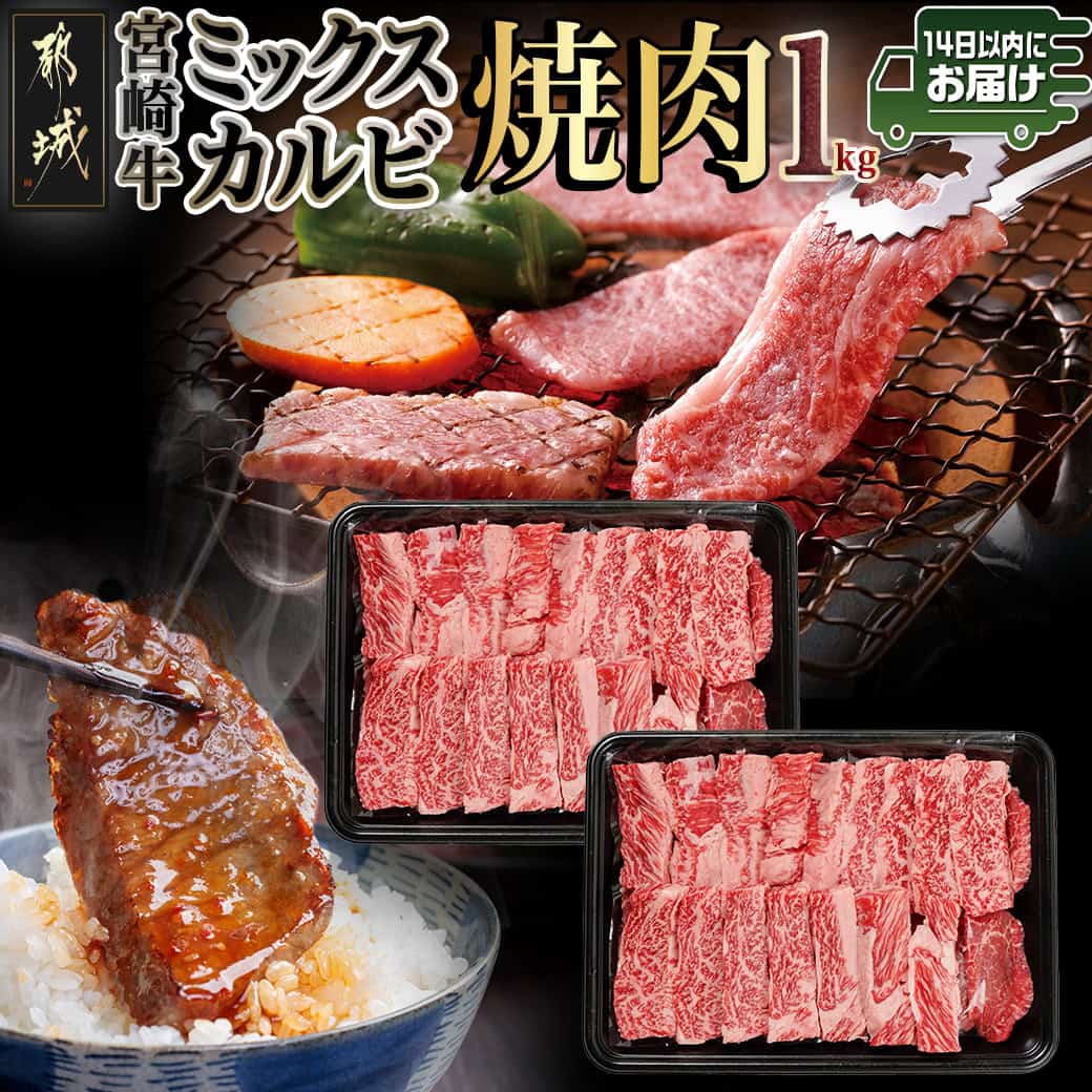 【ふるさと納税】宮崎牛ミックスカルビ焼肉500g×2≪みやこんじょ快速便≫ - 宮崎県産宮崎牛 ミックスカルビ焼肉 ウデ肉/バラ肉/肩ロース肉/モモ肉 いずれか2部位 冷凍配送 部位おまかせ お楽しみ焼き肉 送料無料 AC-8916-R 【宮崎県都城市は2年連続ふるさと納税日本一！】