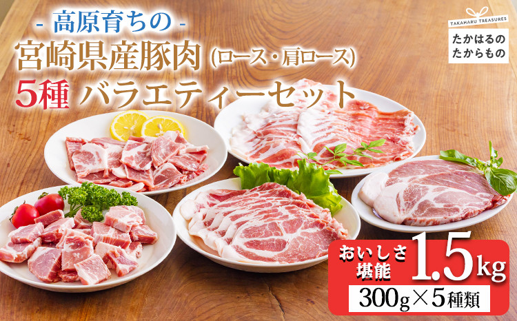 
高原育ちの宮崎県産豚肉5種バラエティーセット1.5kg おいしさ満喫 [ロース 肩ロース 夕食 お弁当 一人暮らし 万能食材 ステーキ とんかつ ポークソテー 生姜焼き しゃぶしゃぶ 焼肉 肉巻き 300g 小分け 使い切り]
