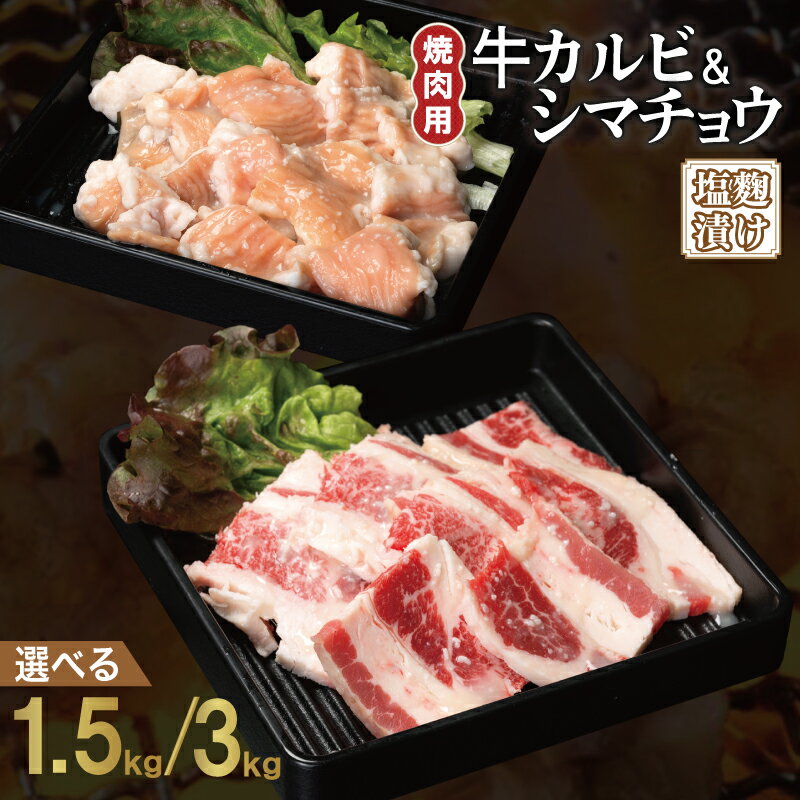 【ふるさと納税】牛カルビ シマチョウ 焼肉セット 塩麹漬け 合計 1.5kg / 3kg 味付け 小分け 焼くだけ 簡単調理 BBQ 牛肉 肉 牛 お肉 カルビ ホルモン 焼肉 塩麹 柔らかい 便利 晩酌 おつまみ お取り寄せ お取り寄せグルメ 大阪府 泉佐野市 送料無料 肉の泉佐野