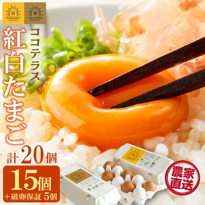 【ふるさと納税】ココテラスの紅白たまご　15個 + 5個保証【計20個】【 JGAP認証 】農家直送 新鮮 卵 純植物性飼料 飼料にこだわった 卵かけご飯 米たまご 大容量 卵 赤卵 白卵 送料無料