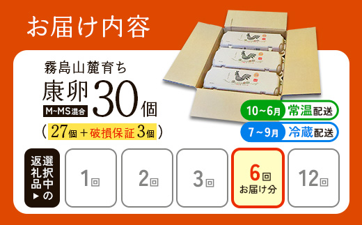 卵【6回定期便】霧島山麓育ち こだわり卵 康卵 計 30個（27個 + 割れ保証 3個）6回 計 180個（162個 + 割れ保証 18個）たまご 玉子 卵焼き 玉子焼き たまご焼き 生卵 鶏卵 たま